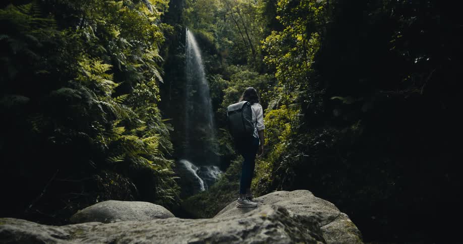 A female hiker with a backpack stands on a large rock, gazing at a beautiful waterfall deep within a lush, green forest