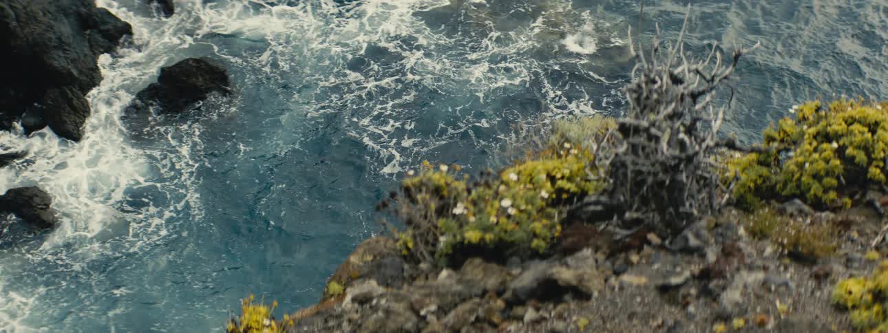 A high-angle view from a rocky cliff shows the deep blue sea churning with white-capped waves below