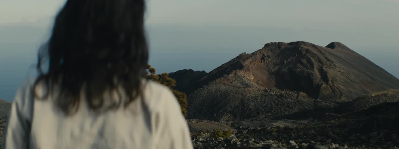 A person with dark hair gazes out over a majestic volcanic landscape with the distant sea on the horizon