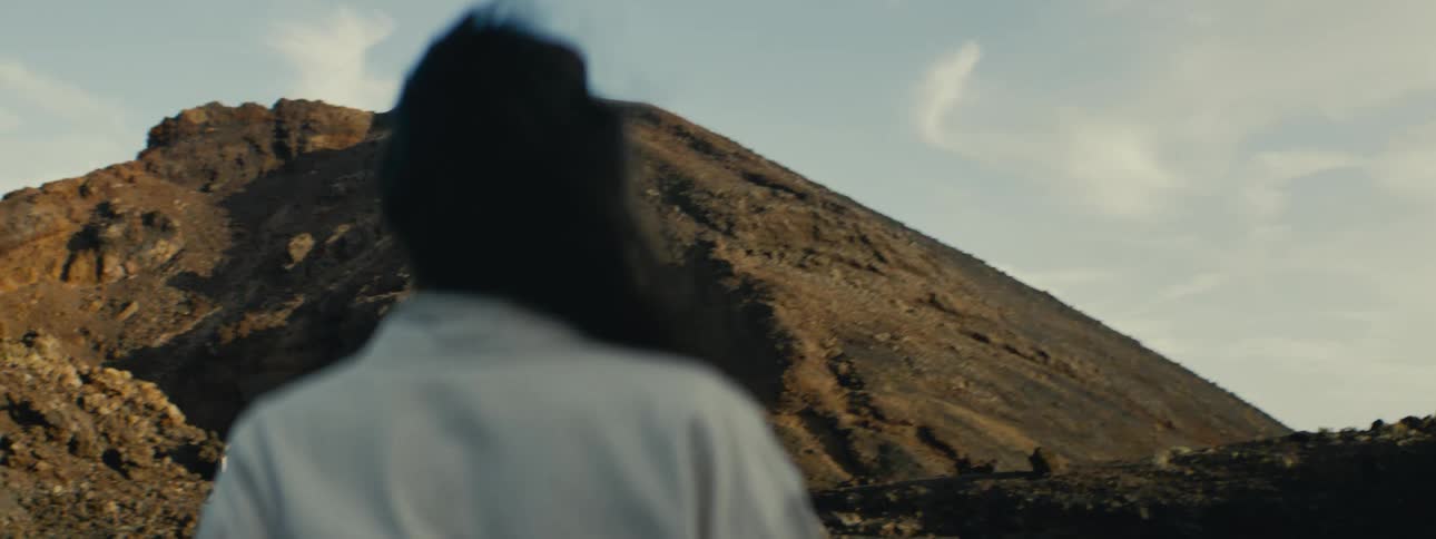Close-up from behind of a person with long dark hair blowing in the wind while looking at a vast, barren volcanic mountain landscape