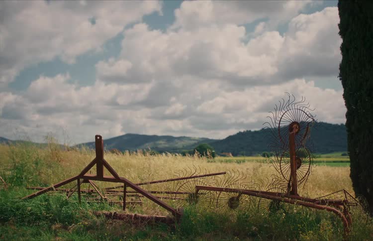 An old rusty hay rake sits abandoned in a grassy field with a golden wheat field and rolling hills in the distance