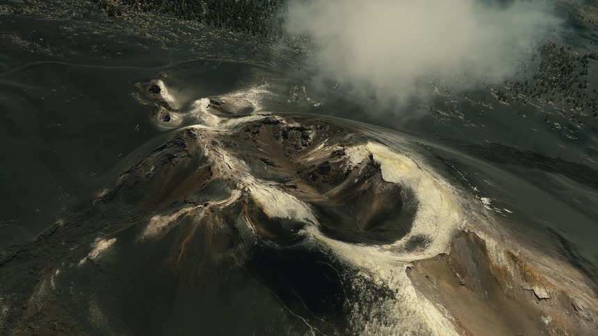 High-angle static shot reveals the dramatic Silvestri Craters of Mount Etna, with a large cloud drifting over the barren volcanic landscape