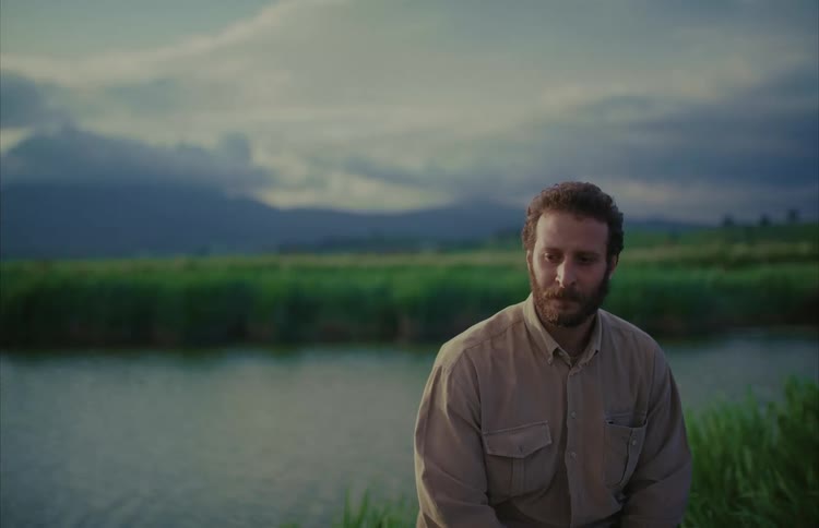 A contemplative man with a beard sits alone by a serene lake, with a vast green landscape and mountains in the background
