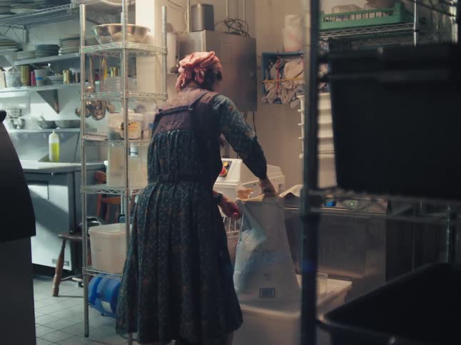 Female baker in a vintage dress scoops flour into a large industrial mixer in a professional kitchen