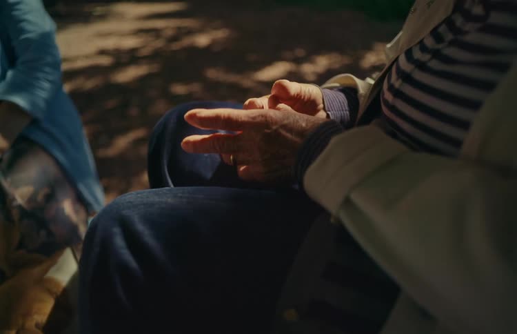 An elderly person's hands, textured by age, rest gently in a warm patch of sunlight while sitting outdoors
