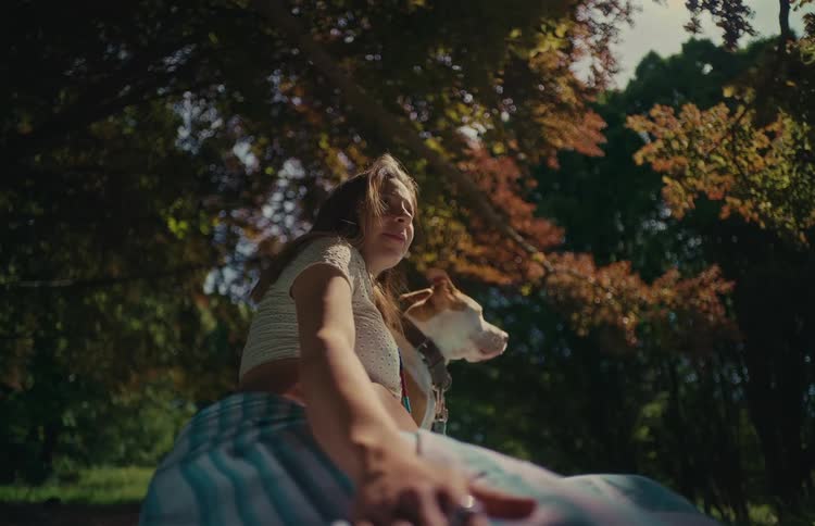 A young woman and her dog relax together under a tree in a park, enjoying the peaceful summer sunshine