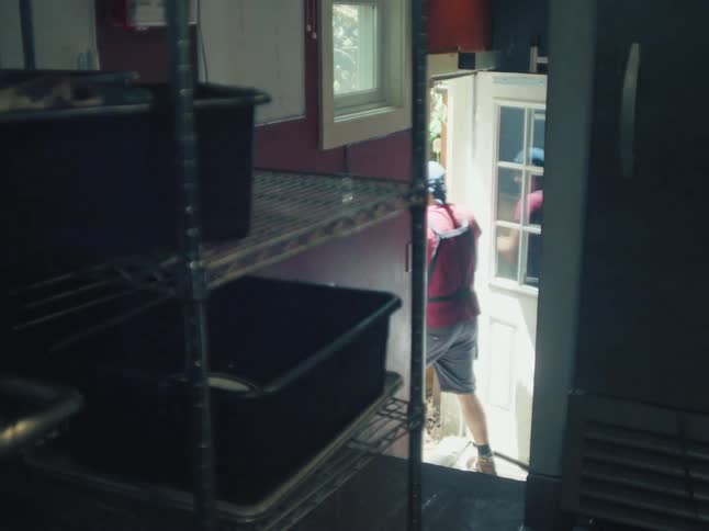 A restaurant worker walks out the back door of a dark kitchen into the bright daylight, seen from behind shelves