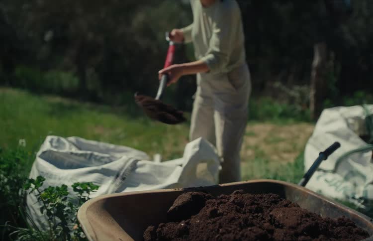 Slow motion close up of a wheelbarrow being filled with rich soil by a gardener with a shovel in a sunny yard