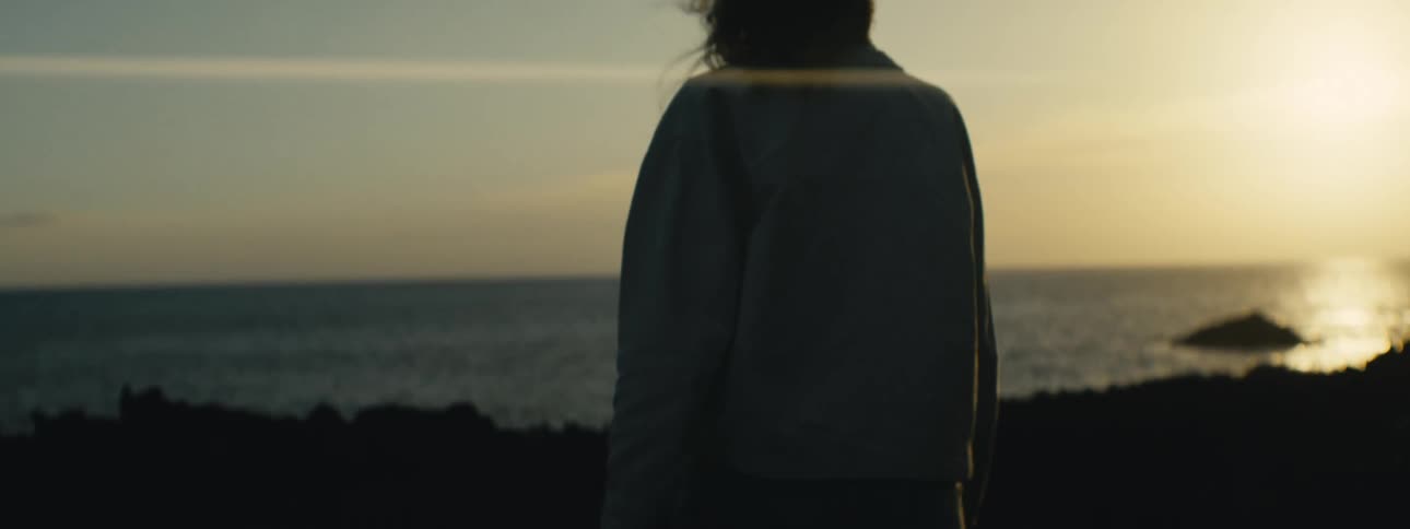 Cinematic slow motion shot of a silhouetted person with windblown hair watching the golden sunset over the ocean horizon