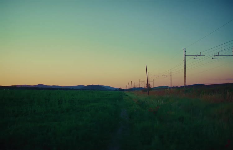 A static shot shows a tranquil green field next to railroad power lines stretching into the distance at dusk