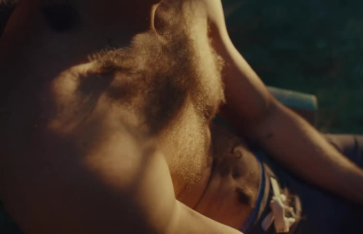 Close-up of dark hair clippings falling onto a man's shirtless chest during a haircut in the warm sunlight