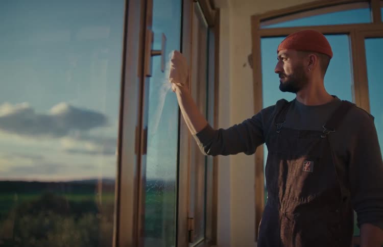 A man in overalls and a beanie cleans a window with a beautiful countryside landscape reflected in the glass during golden hour