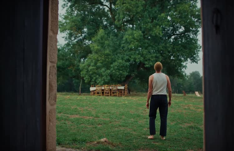 A man walks barefoot from a doorway into a green yard to look at a dining table set up for a meal under a large tree