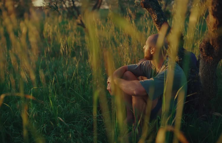 A contemplative man sits peacefully under a tree in a sunlit grassy field, finding a moment of solitude and relaxation at golden hour
