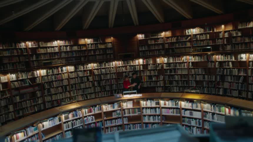 Two people standing in a large library