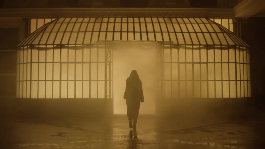 Person walks through a brightly lit doorway with smoke pluming through