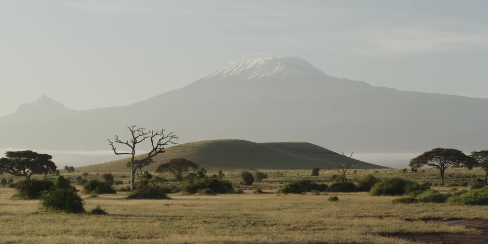 The view across an african plain with a lake and a tall, snow-capped mountain in the background