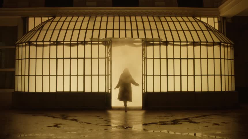 A silhouetted person walks towards a building at night