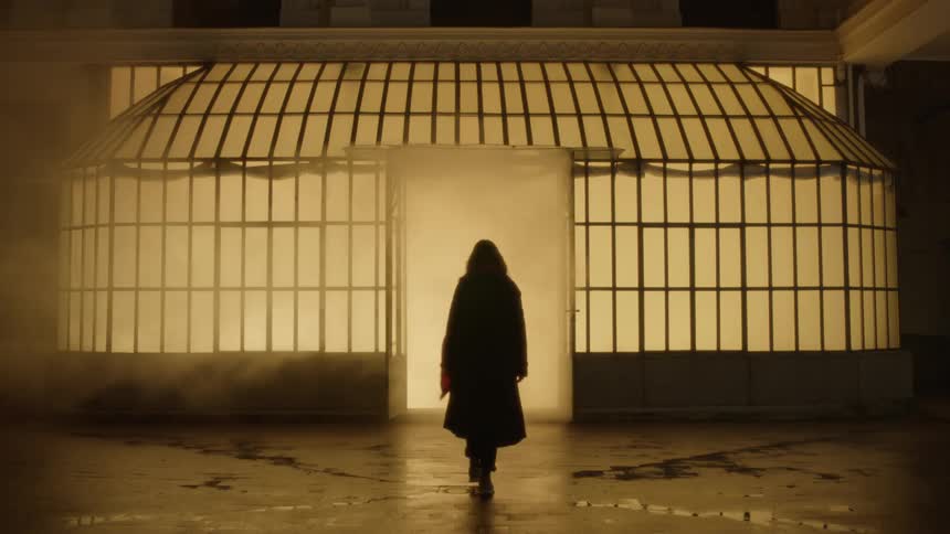 A silhouetted person walks towards a building at night