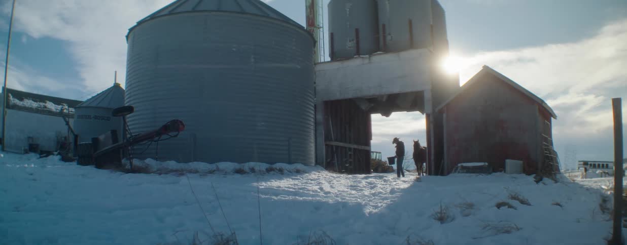 A cowboy feeds a horse by a barn and grain silo on a bright, snowy winter day