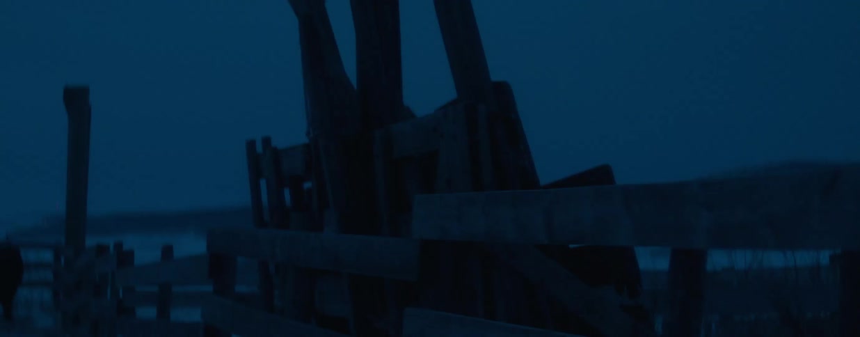 A slow pan reveals a silhouetted lifeguard chair on a deserted beach at dusk