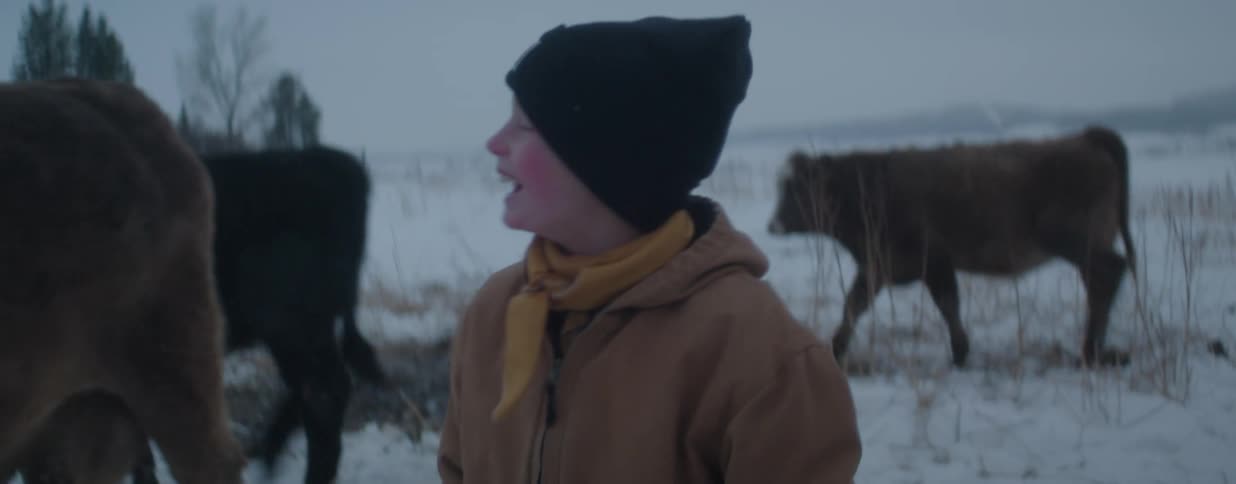 A happy young boy with rosy cheeks laughs and smiles in a snowy field while cattle walk around him