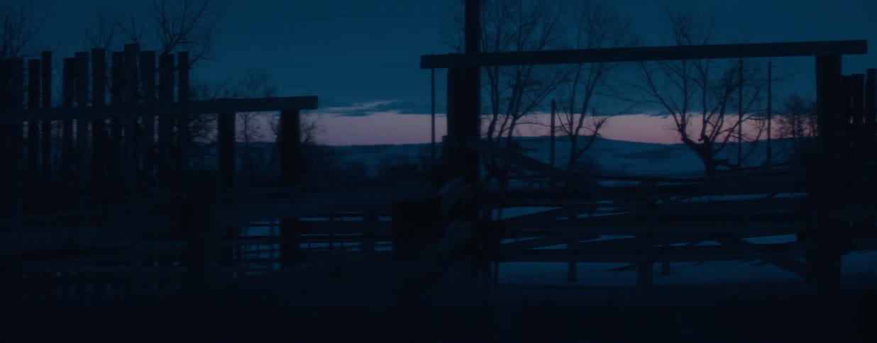 A still, dark evening on a rural farm with a wooden fence silhouetted against a beautiful pink and blue sunset