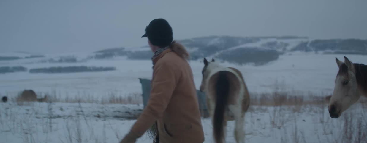 A person walks through a snowy landscape carrying a bale of hay as a pinto horse follows behind in slow motion
