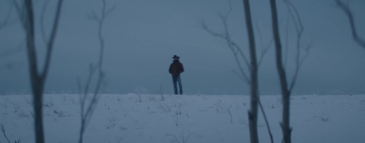 A cowboy stands alone on the horizon of a desolate, snow-covered field during a foggy winter day