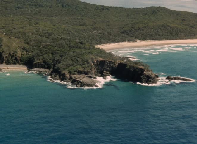 A high-angle aerial view captures the stunning, rugged coastline where a lush green forest meets the deep blue sea