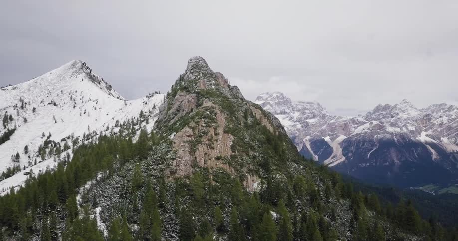 The mountains are covered with trees and snow