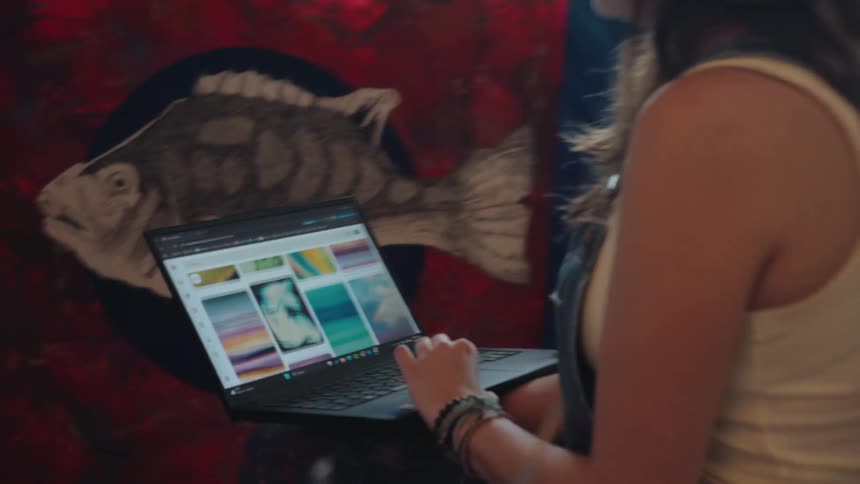 Pushing in on a female artist researching colorful and abstract inspiration on a laptop in her art studio