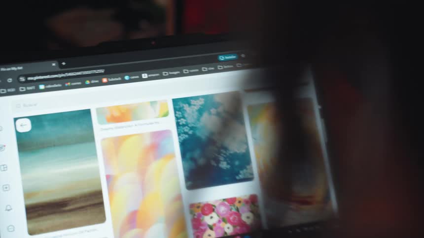 An over-the-shoulder slow-motion shot of a woman browsing for colorful art inspiration on her laptop