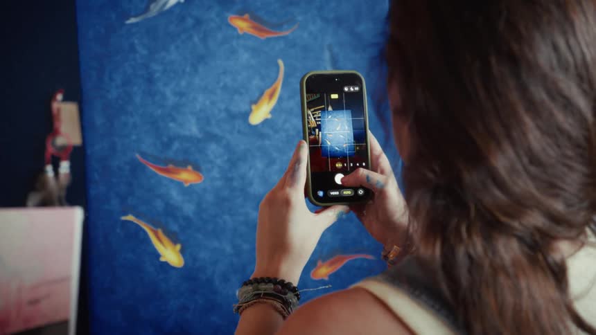 An artist with paint on her hands uses a smartphone to take a photo of her finished fish painting