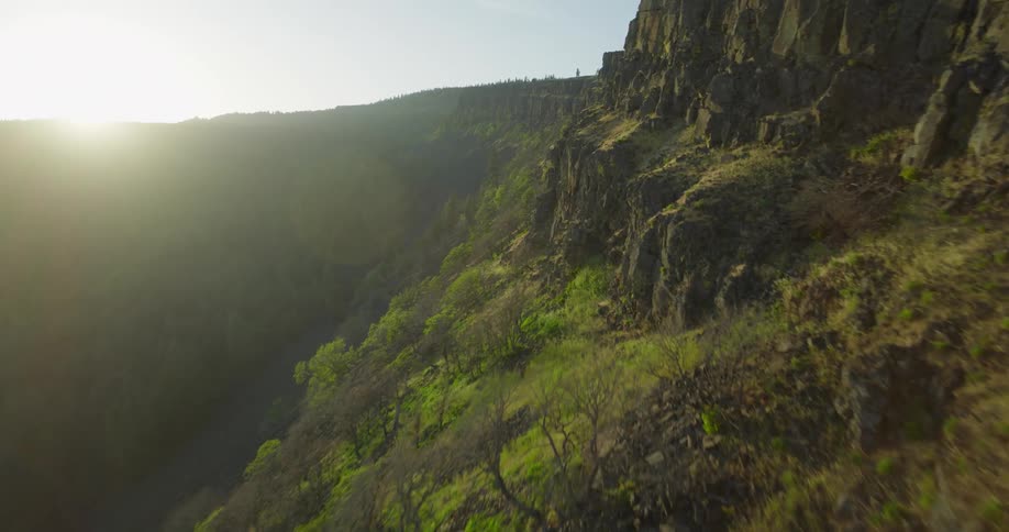 An exhilarating aerial flight along the rugged edge of a massive cliff reveals a deep, forested canyon illuminated by the golden morning sun