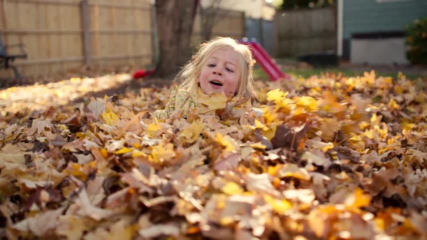 A joyful young girl plays and thrashes around in a giant pile of autumn leaves in her backyard in slow motion