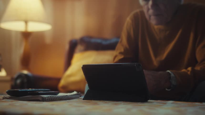 An elderly man uses a tablet while relaxing on the sofa in his living room in the evening