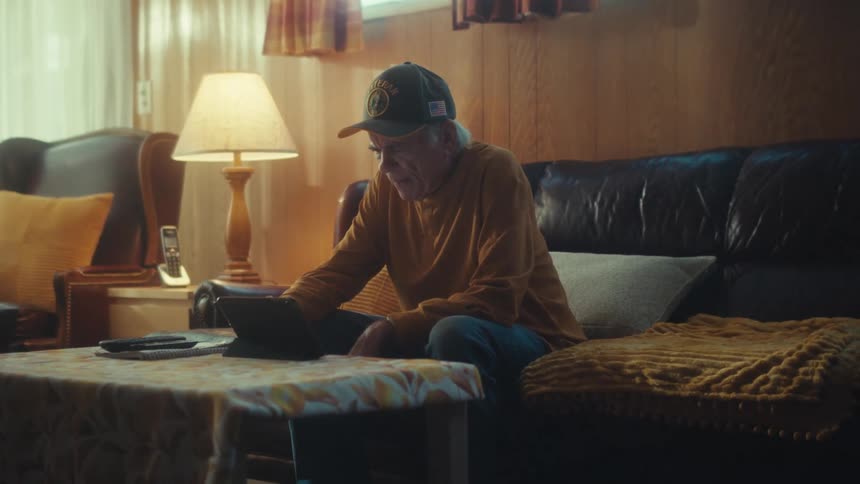A smiling elderly man wearing a cap sits on his couch and enjoys a video call on a tablet in his cozy home