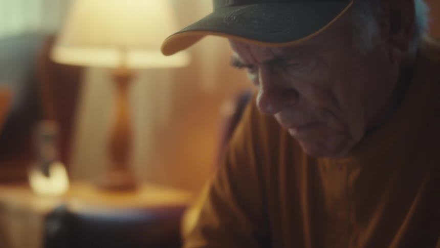 An elderly US Army veteran wearing a hat uses a tablet while sitting in his living room