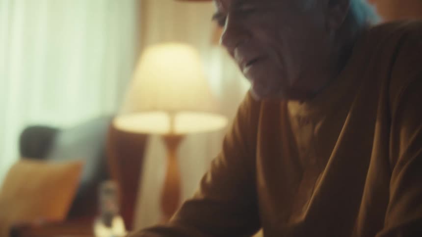 An elderly veteran with a kind smile joyfully uses a tablet while sitting in his warm, sunlit living room
