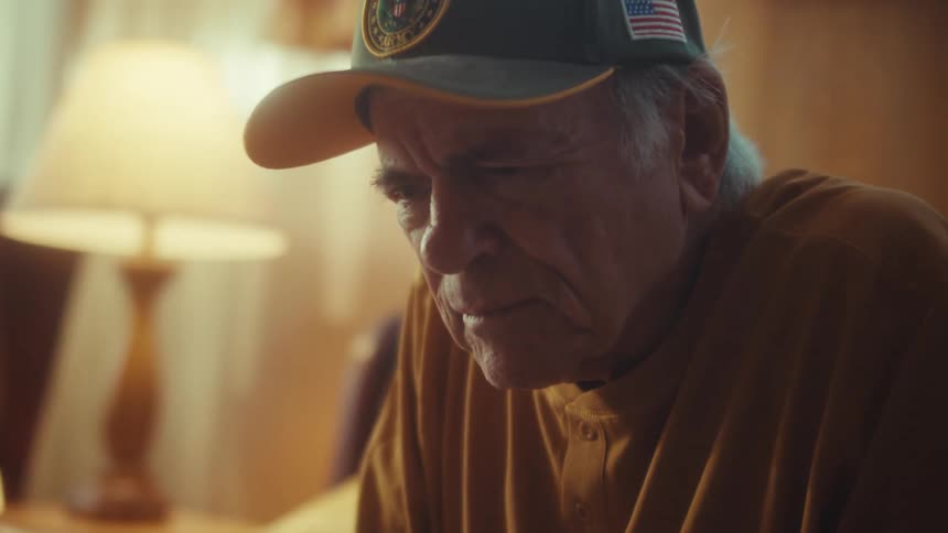 An elderly US Army veteran wearing a hat sits alone on his couch, his face filled with sadness and contemplation as the camera slowly zooms in