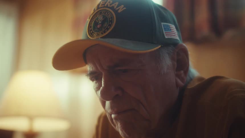 A somber elderly Army veteran looks down with a sad expression in his living room as the camera pans down to his tablet