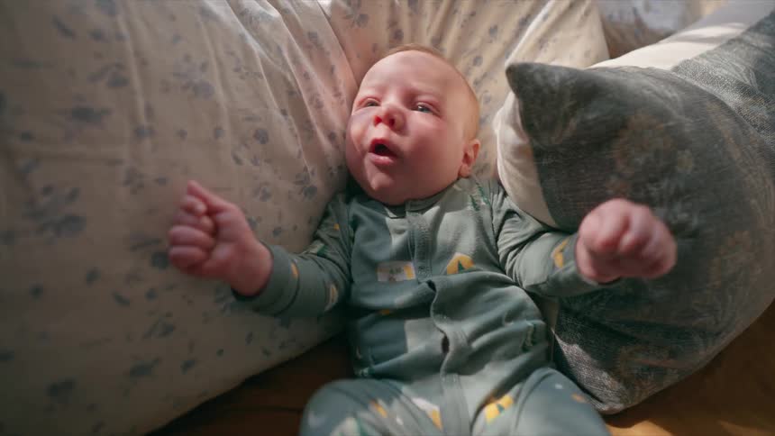 A newborn baby lying on a cozy couch, stretching and yawning in the warm morning light