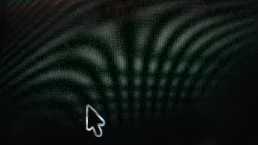 A computer cursor navigates a power menu and selects the 'Shut Down' option, causing the screen to go black
