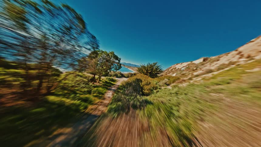 FPV drone soars over sunny coastal cliffs and brush, revealing a beautiful sandy beach and the California coastline