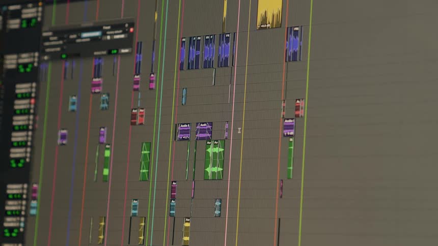 Audio editing software plays through a complex project with multiple colorful sound waves on the screen