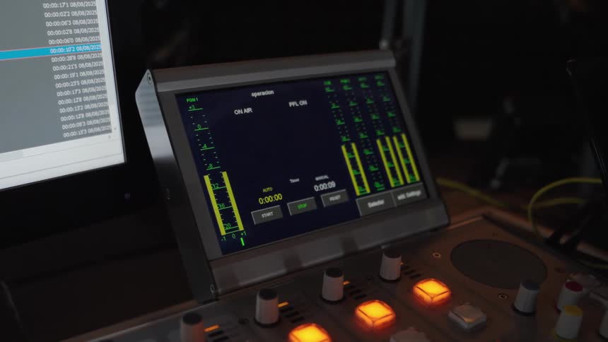 Close-up of a professional audio mixing console's digital screen showing fluctuating level meters during a broadcast