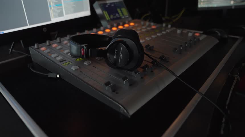 A slow zoom-in shot of professional headphones resting on an audio mixing console in a dark recording studio