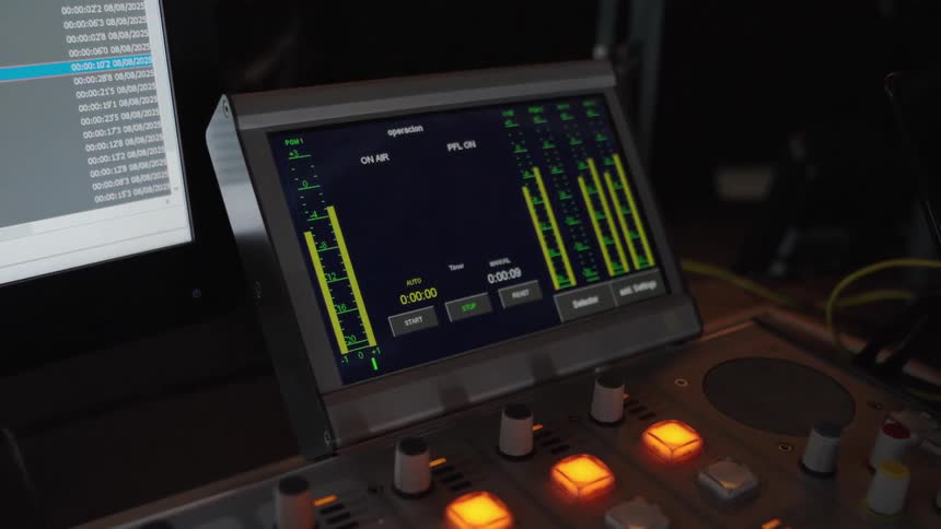 A close-up of a professional digital audio mixing console with illuminated faders and knobs in a dark broadcast studio