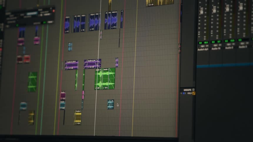Playback on a professional sound editing software timeline showing colorful audio waveforms and tracks